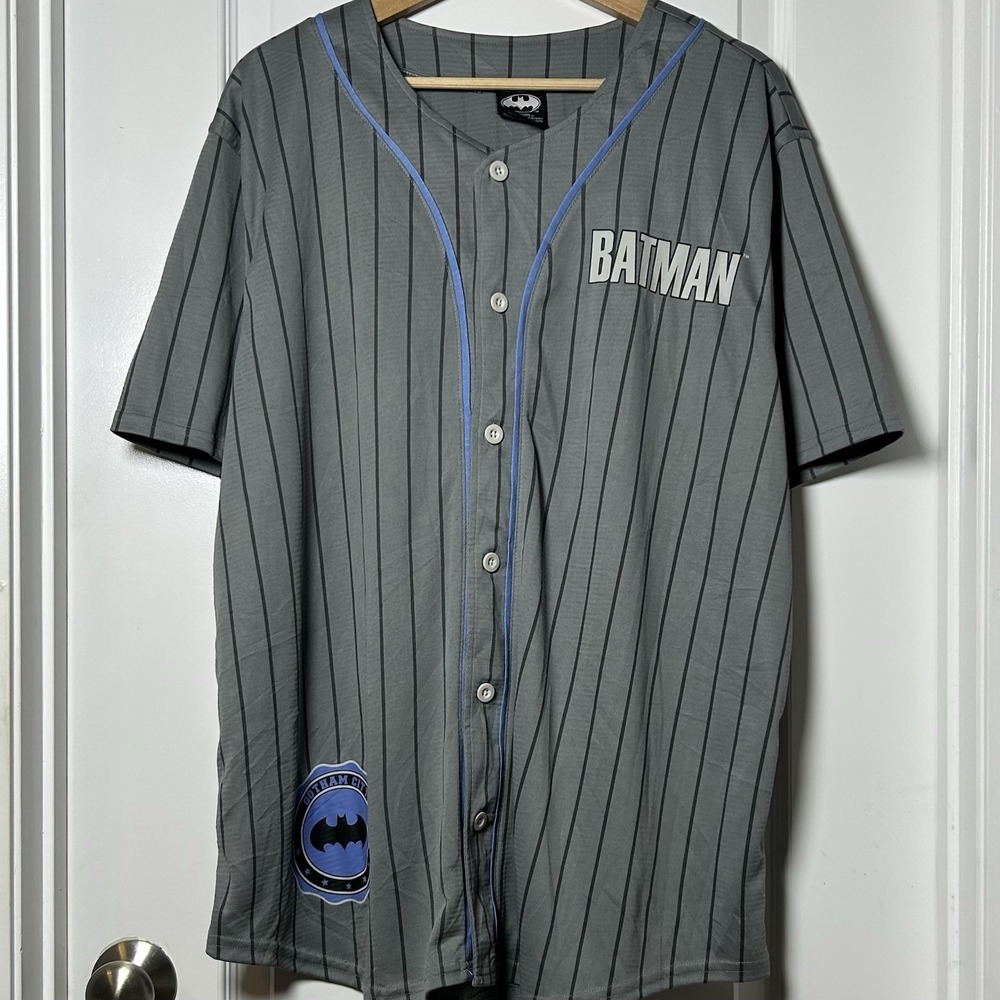 Batman DC Comics Gray Blue Pinstripe Gotham City Graphic Print Baseball Jersey